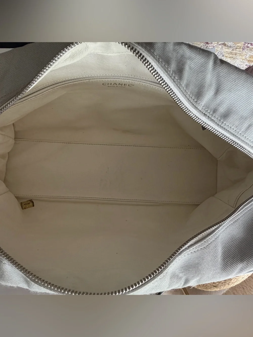 Chanel Sports Line Quilted Logo Bowler Bag Grey Canvas White Leather Trim